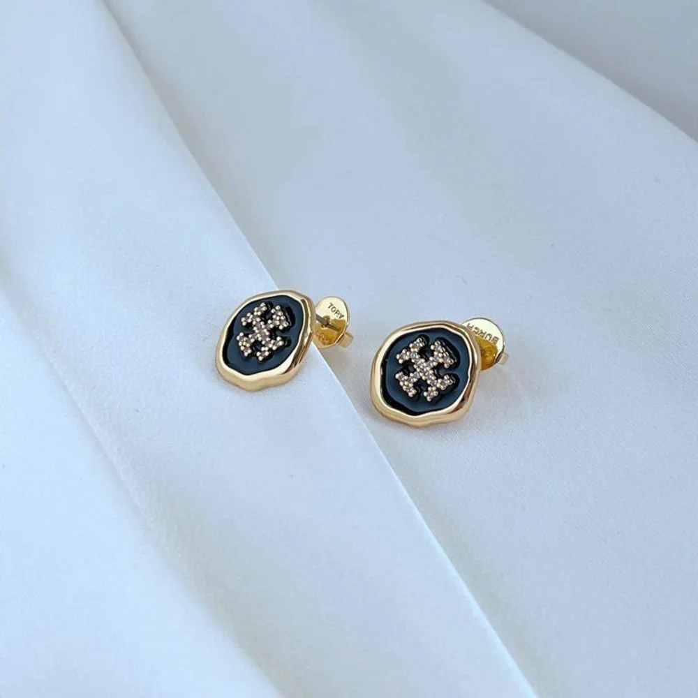 Tory Burch Gold and Black Logo Stud Earrings